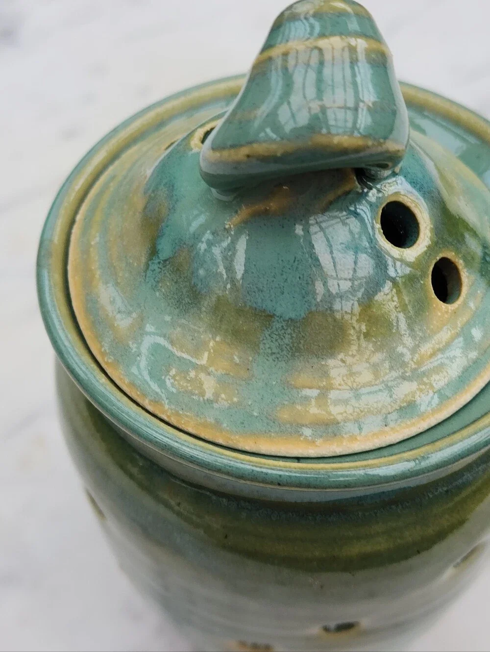 Holman Pottery Garlic Keeper Jar in Sea Pearl Green Ventilation Holes 6